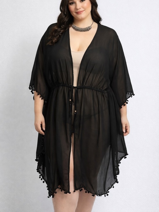 George Other - GEORGE Black Swim Sheer Coverup Tassels and Pom Poms 1X